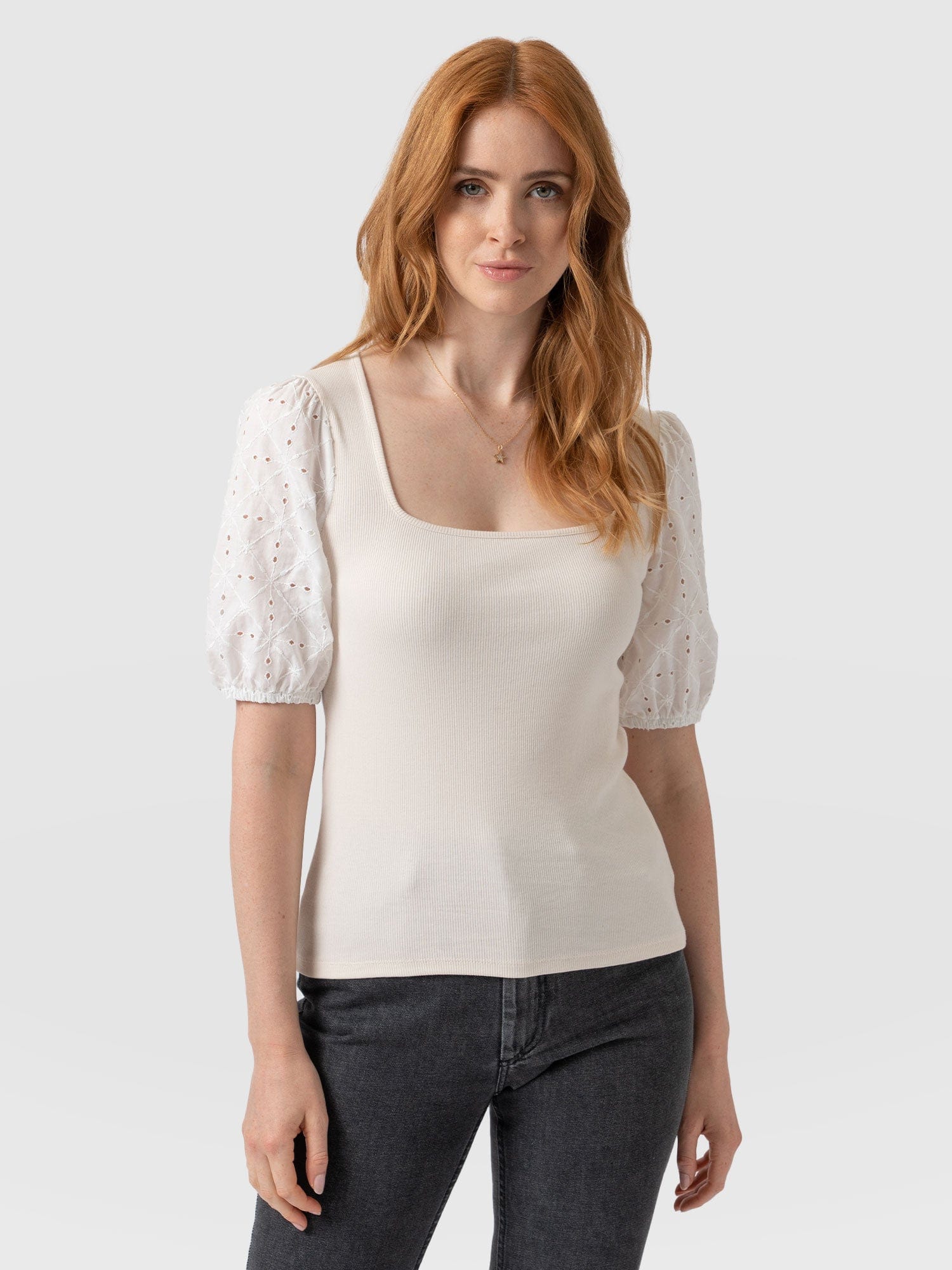 Cavendish Square Neck Tee Cream Broderie - Women's T-Shirts | Saint + Sofia® USA